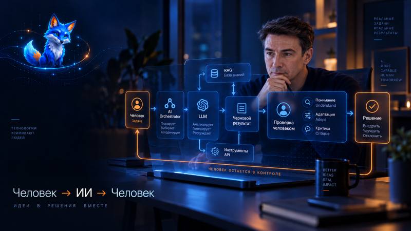 Человек остаётся в контуре: задача, AI Orchestrator, LLM, RAG, проверка человеком и решение