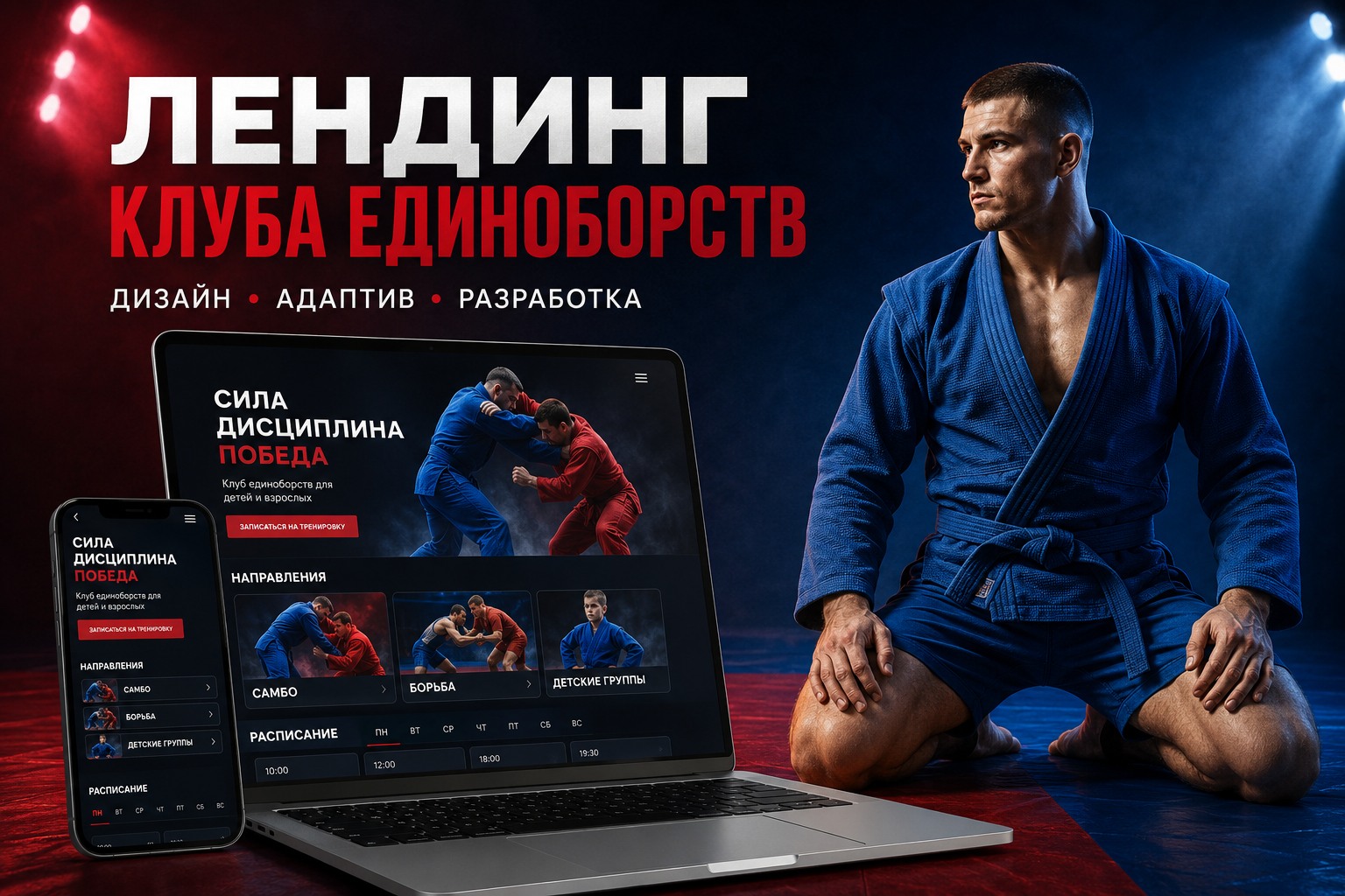 Лендинг клуба единоборств Force Team на ноутбуке и смартфоне